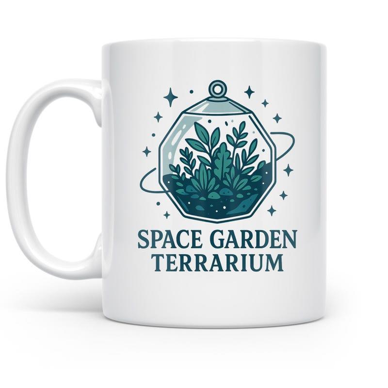 Tailorly White Ceramic 11 oz Mug - Space Garden Terrarium Geometric Glass Shape Filled With Green Leaves And Planetary Ring Stars Terrarium
