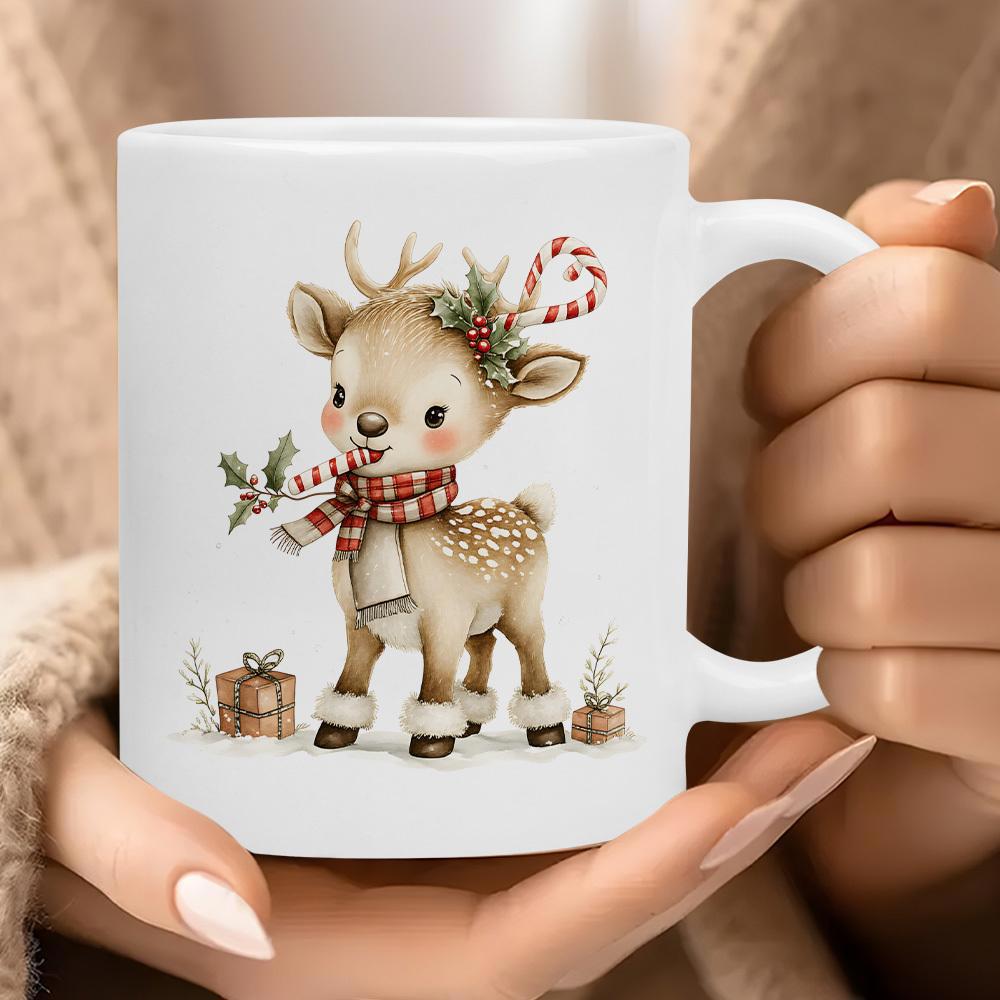 Tailorly White Ceramic 11 oz Mug - Adorable Baby Christmas Theme Wearing Plaid Scarf Among Holiday Gifts Reindeer