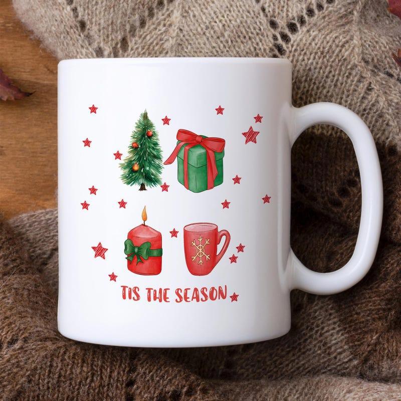 Tailorly White Ceramic 11 oz Mug - Tis The Season Festive Watercolor Holiday Icons With Tree Gift Candle And Stars Mug