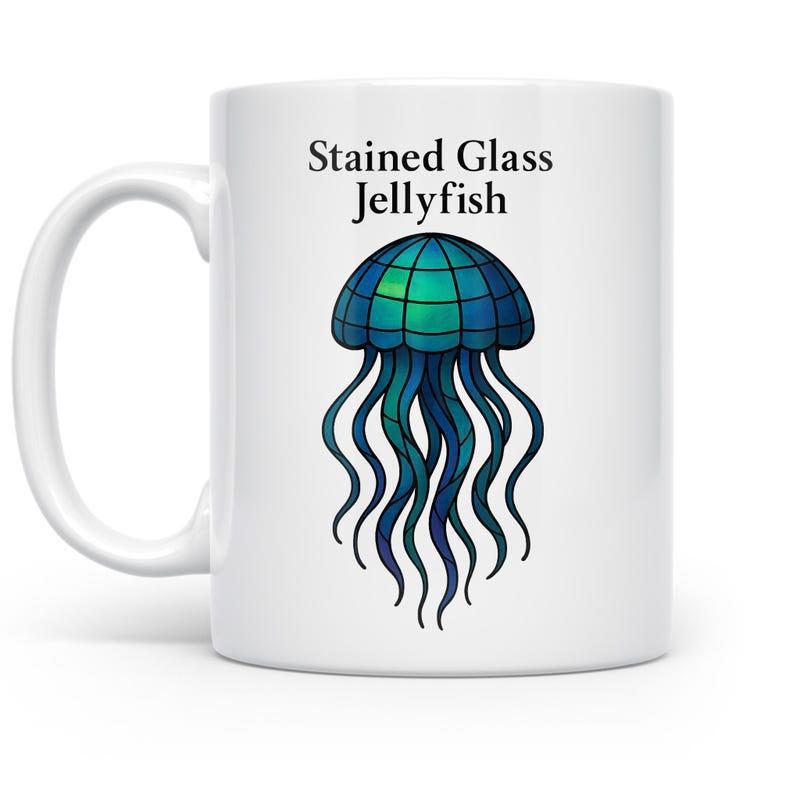 Tailorly White Ceramic 11 oz Mug - Stained Glass Jellyfish Intricate Mosaic Patterned Sea Creature Floating In Serene Blue Ocean Depths Jellyfish