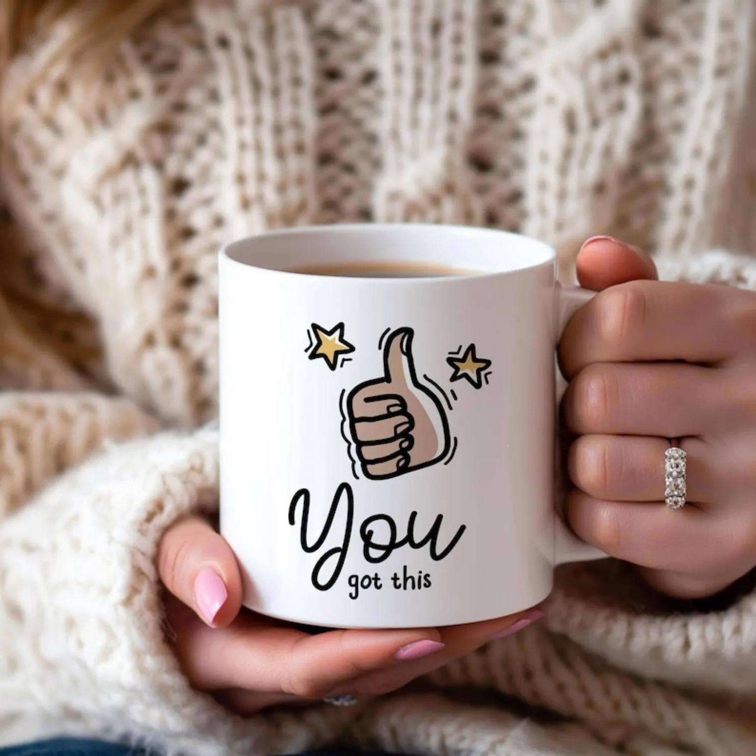 Tailorly White Ceramic 11 oz Mug - You Got This Minimalist Sketch With Twinkling Stars And Positive Hand Gesture Hand