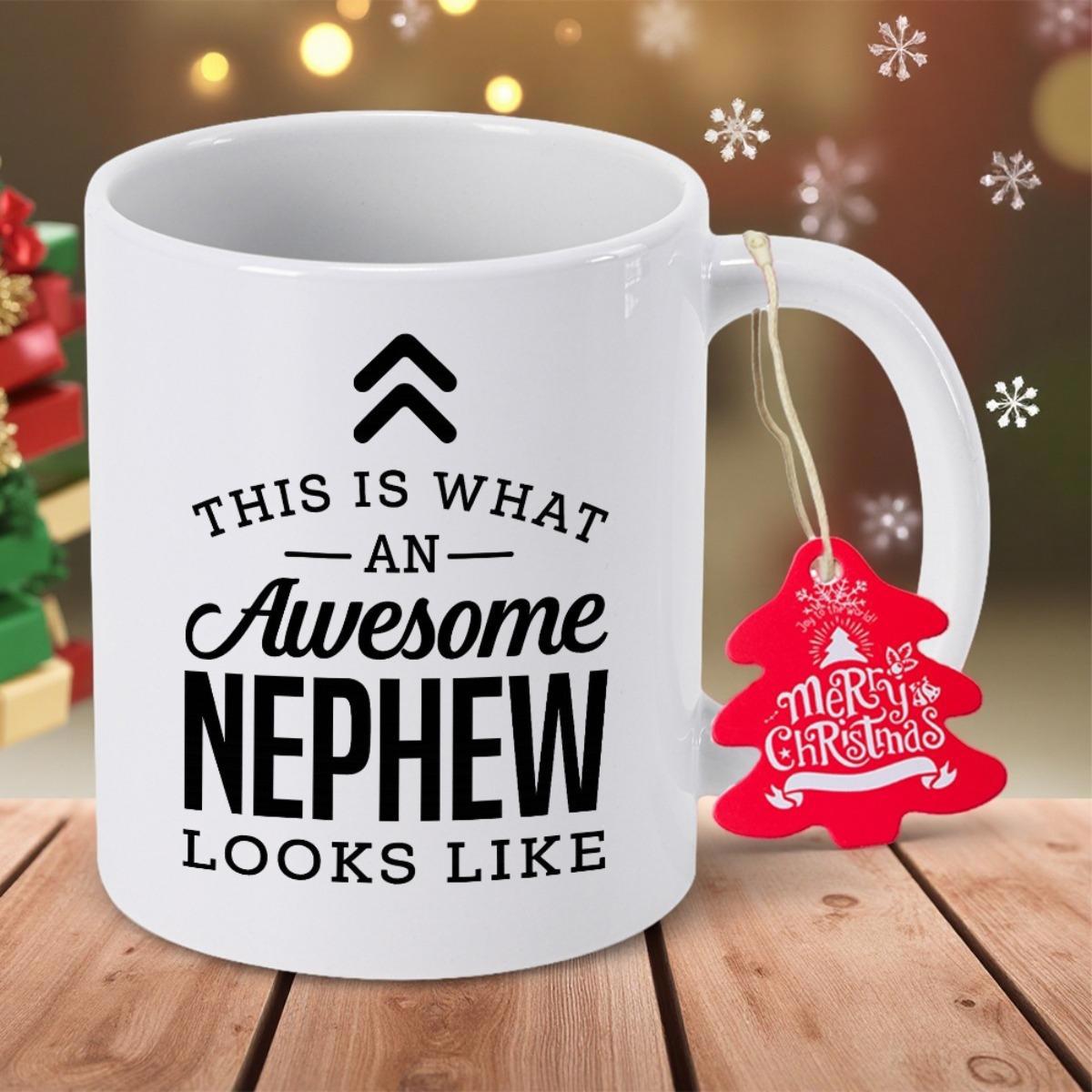 Tailorly White Ceramic 11 oz Mug - This Is What An Awesome Nephew Looks Like Merry Christmas Minimalist Double Chevron Icon On Glossy Ceramic Surface Mug