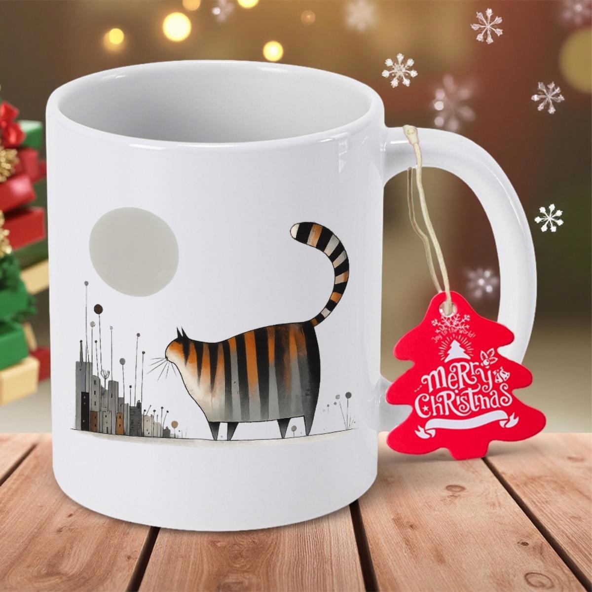 Tailorly White Ceramic 11 oz Mug - Minimalist Striped Feline Standing Under A Large Pale Round Moon Cat