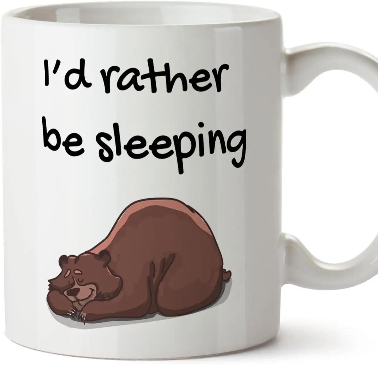 Tailorly White Ceramic 11 oz Mug - Id Rather Be Sleeping Cute Brown Cartoon Forest Animal Resting Peacefully In Slumber Bear