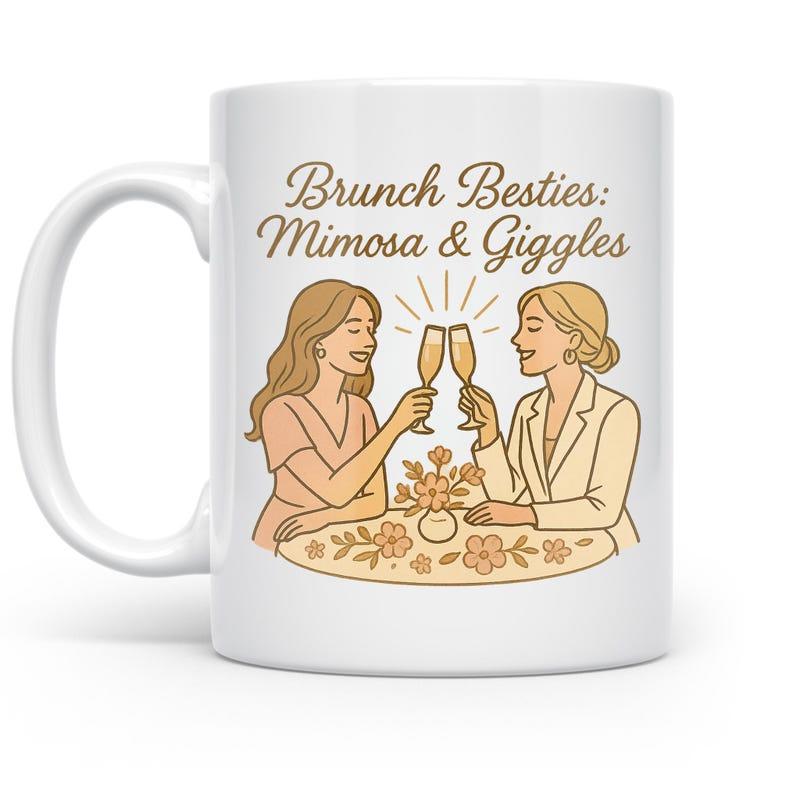 Tailorly White Ceramic 11 oz Mug - Brunch Besties Mimosa Giggles Two Happy Women Toasting With Sparkling Mimosa Glasses At Floral Table Women