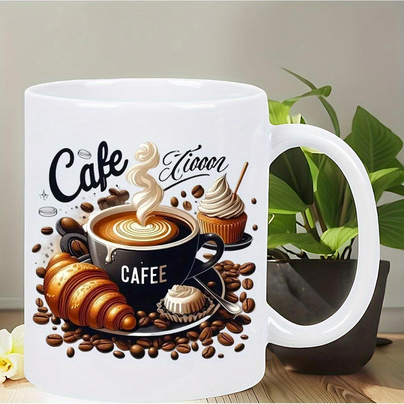 Tailorly White Ceramic 11 oz Mug - Cafe Steaming Latte Surrounded By Dark Roasted Beans And Sweet Pastries Mug
