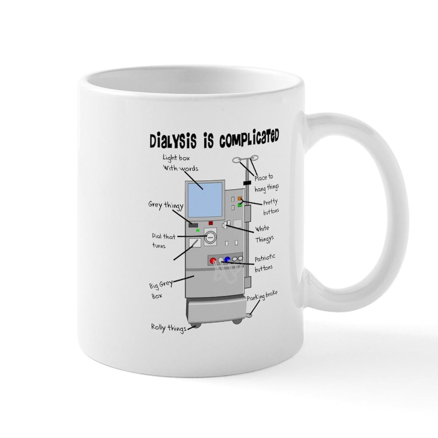 Tailorly White Ceramic 11 oz Mug - Dialysis Is Complicated Detailed Medical Equipment Illustration With Various Technical Parts And Labels Machine