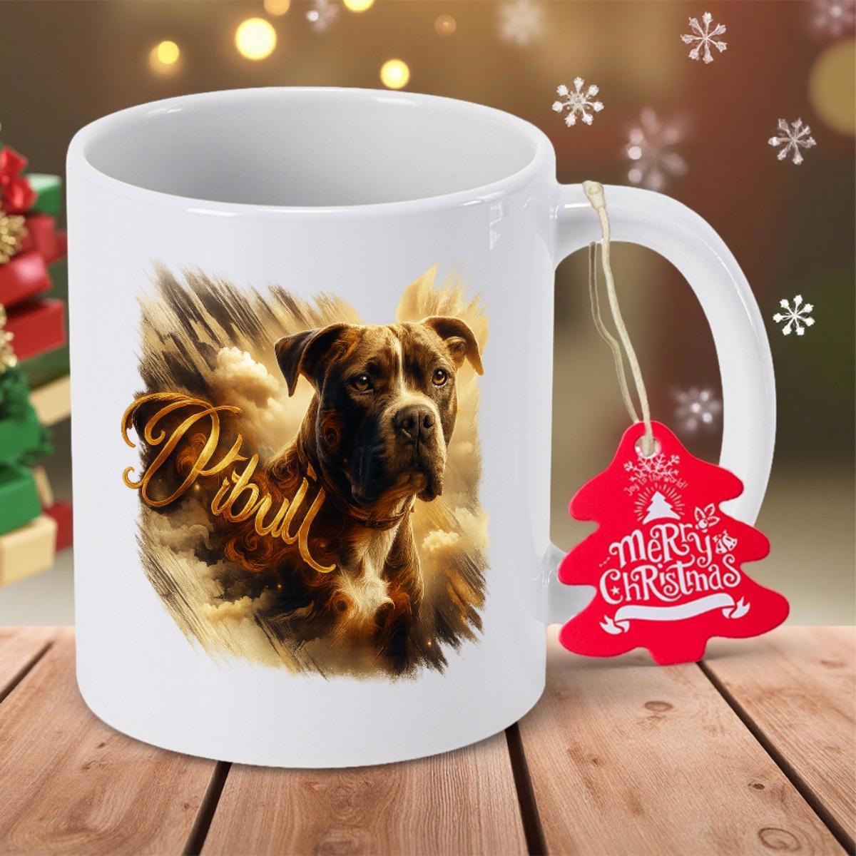 Tailorly White Ceramic 11 oz Mug - Pitbull Majestic Brown Dog Portrait With Artistic Gold Tones Under Soft Light Pitbull