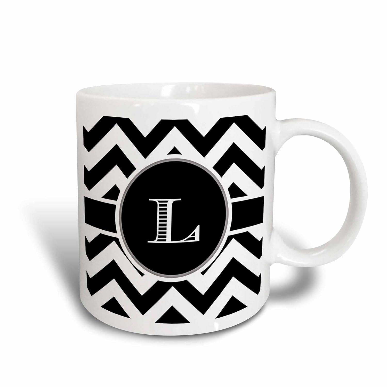 Tailorly White Ceramic 11 oz Mug - L Bold Black And White Zigzag Lines Centered Monogram Chevron
