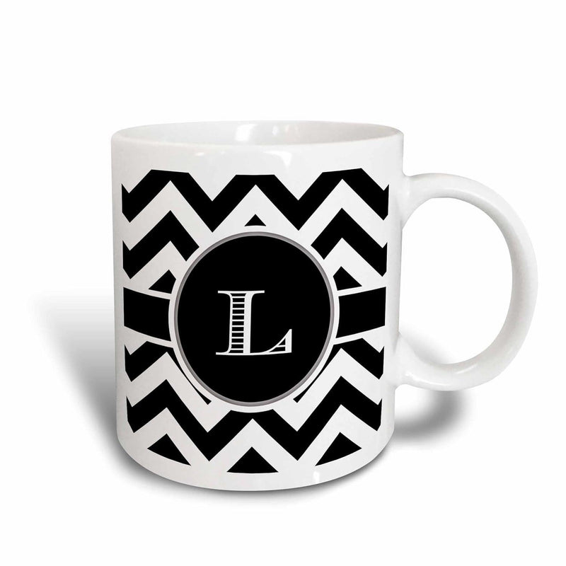 Tailorly White Ceramic 11 oz Mug - L Bold Black And White Zigzag Lines Centered Monogram Chevron