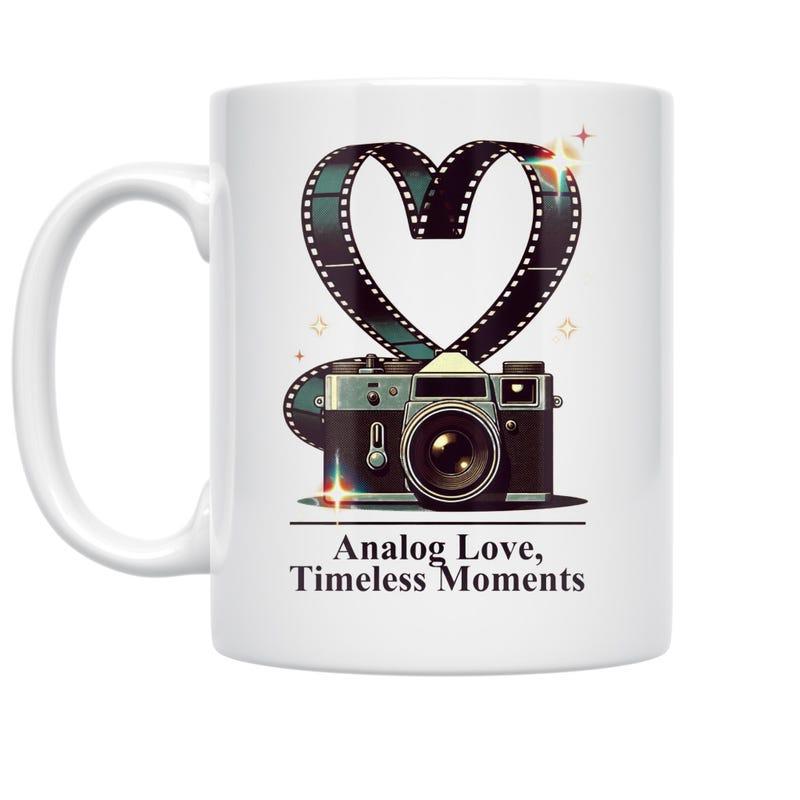Tailorly White Ceramic 11 oz Mug - Analog Love Timeless Moments Classic Retro Film Strip Forming A Heart Above An Analog Vintage Camera
