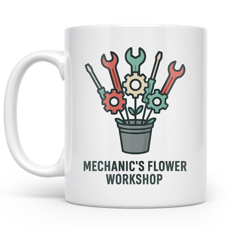 Tailorly White Ceramic 11 oz Mug - Mechanic's Flower Workshop Creative Industrial Tool Bouquet With Wrenches And Screwdrivers Inside A Metal Pot Tools