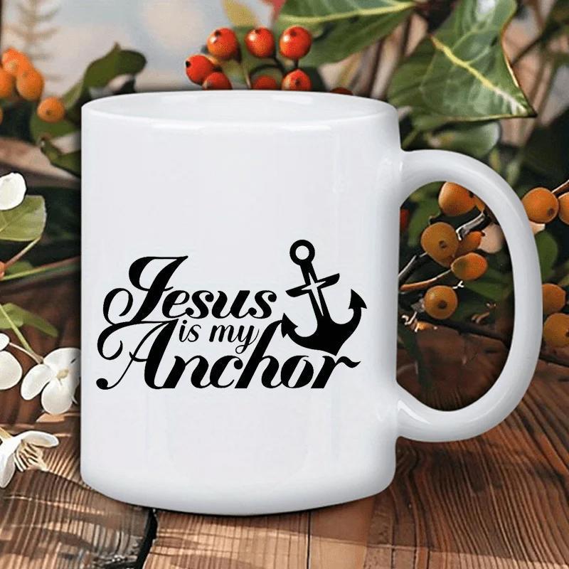 Tailorly White Ceramic 11 oz Mug - Jesus Is My Anchor Classic Black Nautical Symbol With Religious Cross Details On White Background Anchor