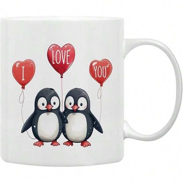 Tailorly White Ceramic 11 oz Mug - I Love You Two Cute Cartoon Penguins Holding Red Heart Shaped Balloons In Love Penguin