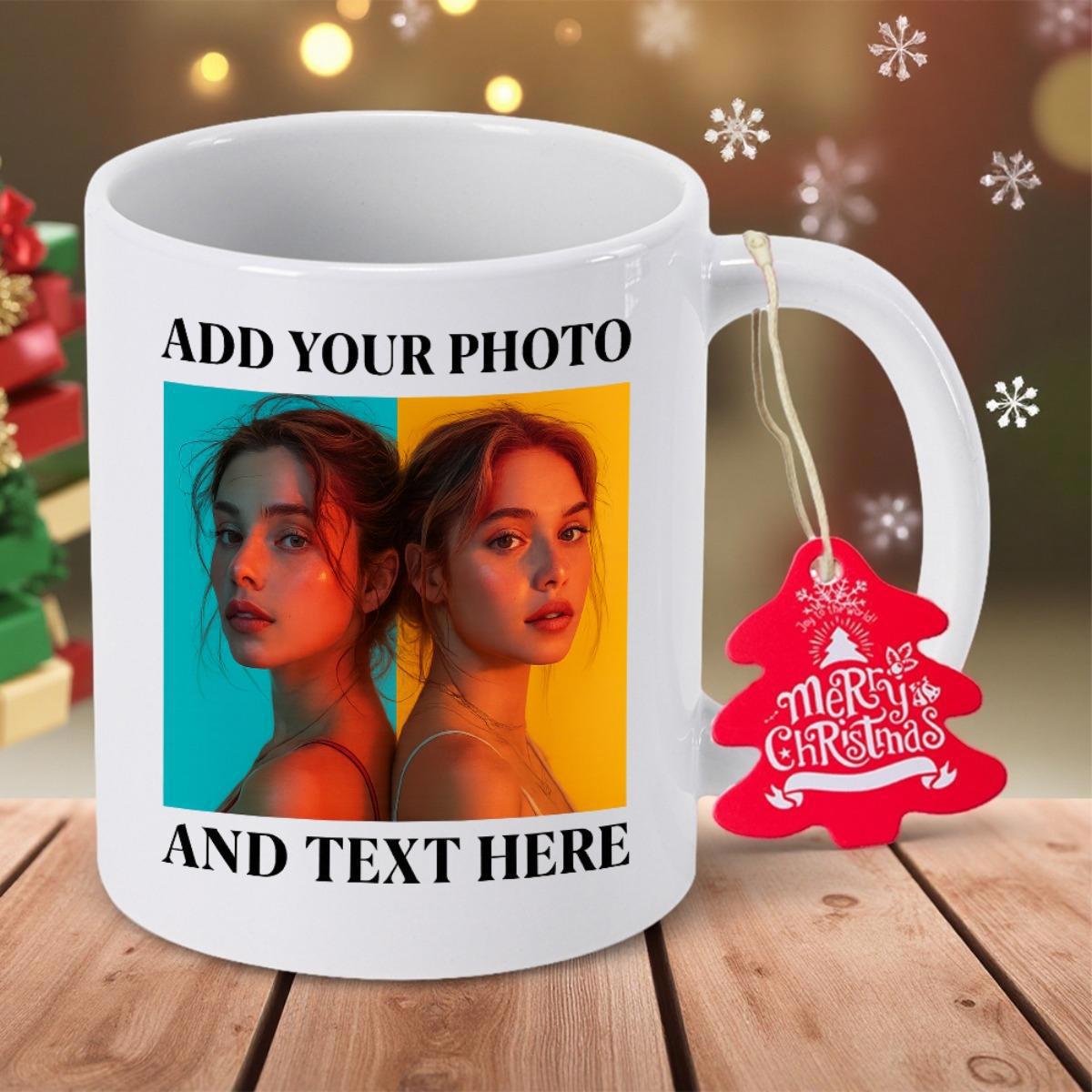 Tailorly White Ceramic 11 oz Mug - Add Your Photo And Text Here Two Young Women Portraits Set Against Vibrant Blue And Yellow Background Mug