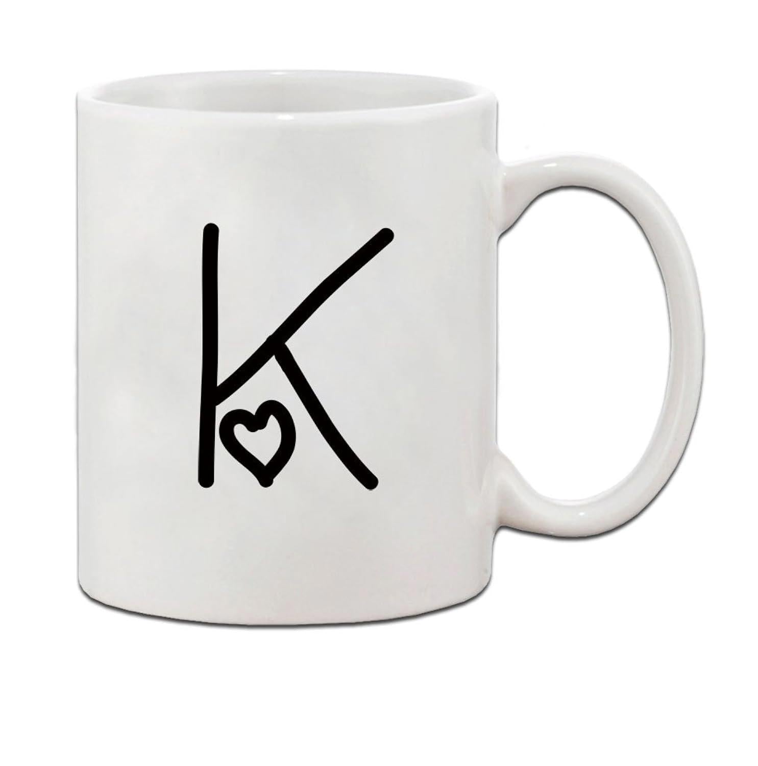 Tailorly White Ceramic 11 oz Mug - K Minimalist Black Hand Drawn Style Initial With A Small Heart Letter