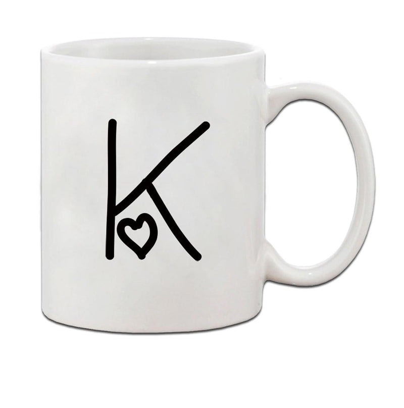 Tailorly White Ceramic 11 oz Mug - K Minimalist Black Hand Drawn Style Initial With A Small Heart Letter