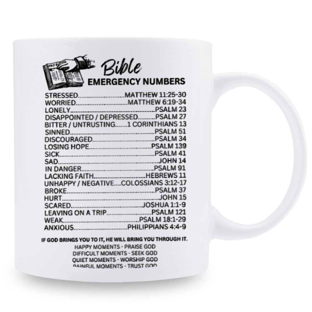 Tailorly White Ceramic 11 oz Mug - Bible Emergency Numbers Spiritual Scripture Verses Listed On A Classic Ceramic Coffee Mug