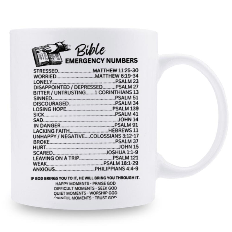 Tailorly White Ceramic 11 oz Mug - Bible Emergency Numbers Spiritual Scripture Verses Listed On A Classic Ceramic Coffee Mug