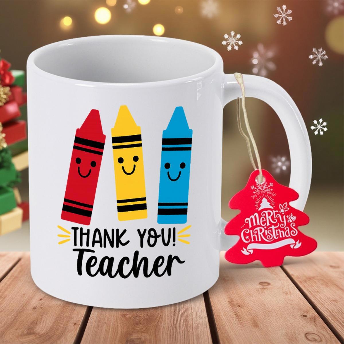 Tailorly White Ceramic 11 oz Mug - Thank You Teacher Three Smiling Colorful Wax Drawing Tools Standing Side By Side Crayon