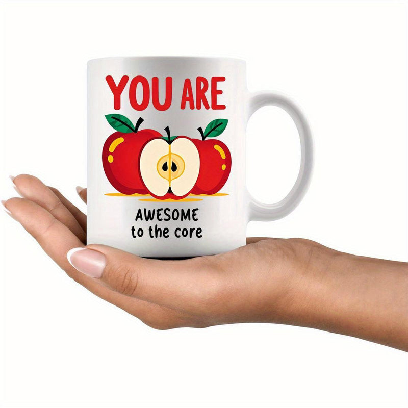 Tailorly White Ceramic 11 oz Mug - You Are Awesome To The Core Vibrant Red Ripe Fruit With Sliced Half Showing Seeds And Leaves Apple