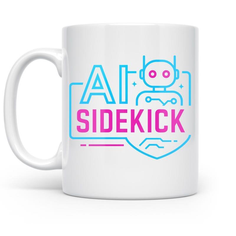 Tailorly White Ceramic 11 oz Mug - AI Sidekick Futuristic Linear Robot Icon With Glowing Eyes Inside Tech Shield Frame Robot