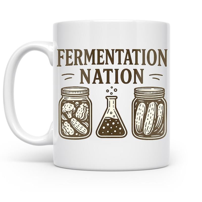 Tailorly White Ceramic 11 oz Mug - Fermentation Nation Vintage Style Kitchen Jars Featuring Bubbling Science Flask And Pickled Vegetables Jar