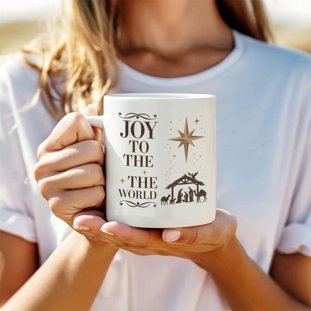 Tailorly White Ceramic 11 oz Mug - Joy To The World Holy Night Silhouette Under A Shining Bethlehem Star Nativity