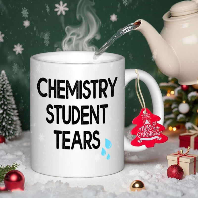 Tailorly White Ceramic 11 oz Mug - Chemistry Student Tears Pure White Ceramic Vessel Placed On Snowy Surface With Festive Decorations Mug