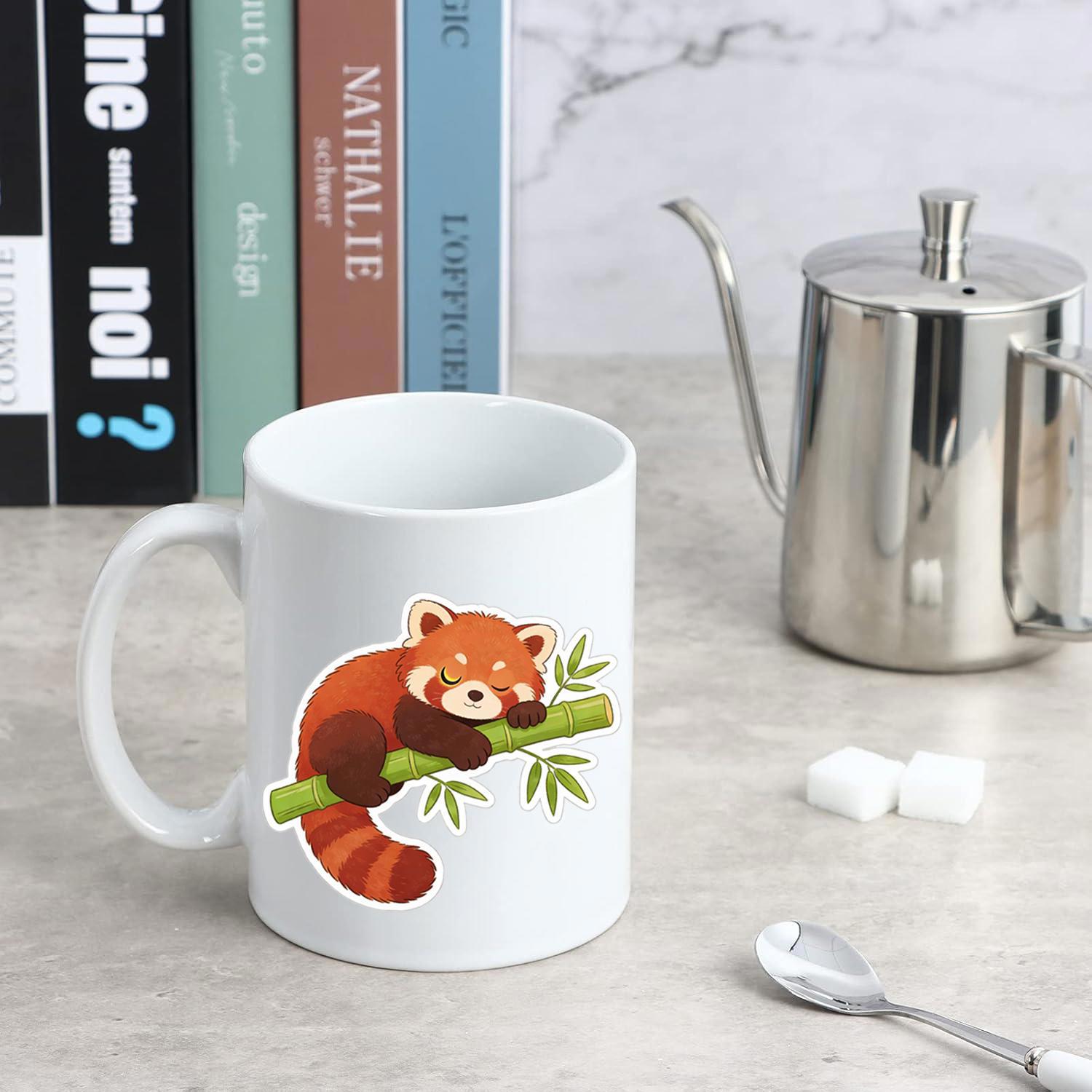 Tailorly White Ceramic 11 oz Mug - Adorable Sleeping Illustration Resting On Green Bamboo Branch With Leaves Red Panda