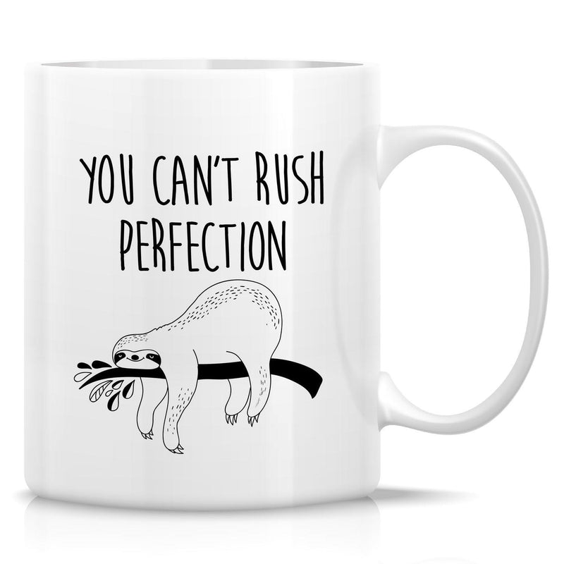 Tailorly White Ceramic 11 oz Mug - You Cant Rush Perfection Minimalist Line Art Drawing Of A Lazy Animal Hanging On A Branch Sloth