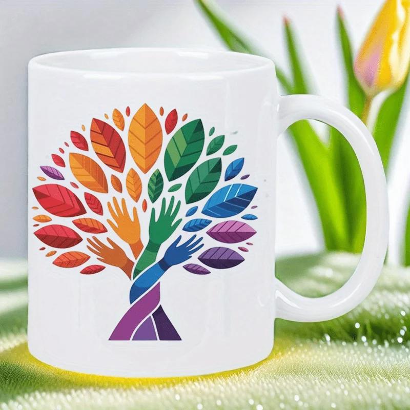 Tailorly White Ceramic 11 oz Mug - Vibrant Colorful Leaves Growing From Intertwined Human Hands Reaching Upward Tree