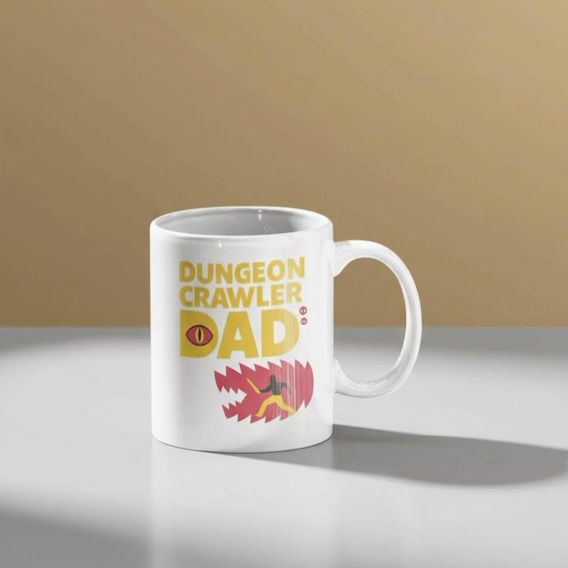 Tailorly White Ceramic 11 oz Mug - Dungeon Crawler Dad Sharp Teeth Jagged Red Monster Maw Protecting A Small Brave Warrior Monster
