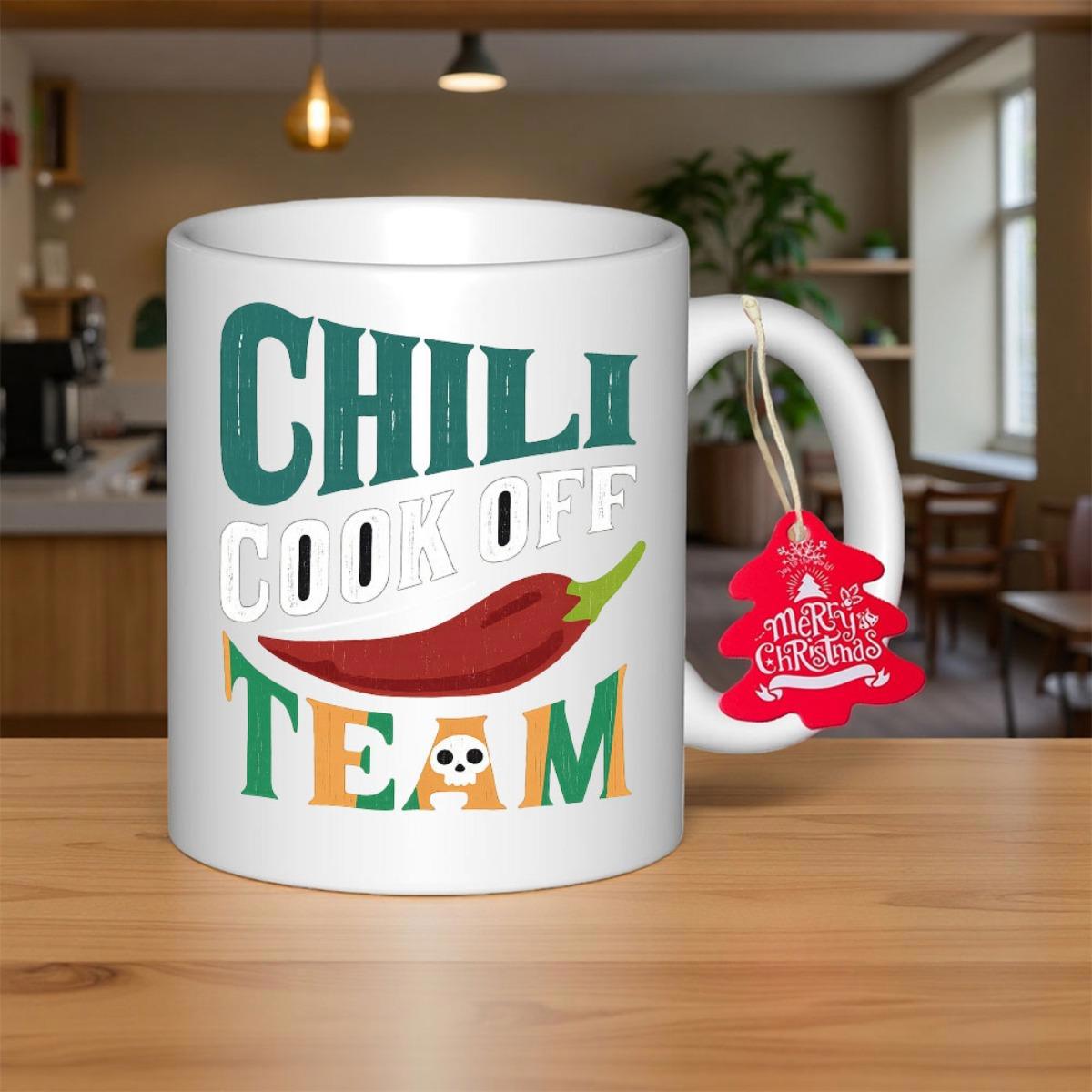 Tailorly White Ceramic 11 oz Mug - Chili Cook Off Team Vibrant Red Spicy Pepper Below Distressed Vintage Green Slab Letters Pepper