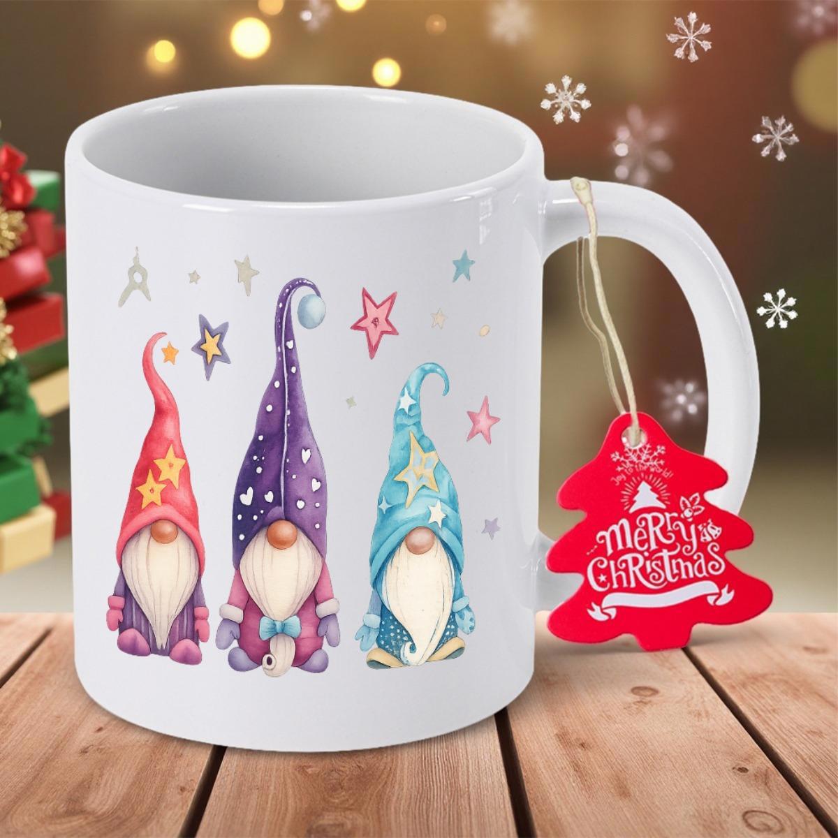 Tailorly White Ceramic 11 oz Mug - Merry Christmas Whimsical Watercolor Style Scandinavian Holiday Gnomes With Pointed Starry Patterned Hats Gnomes