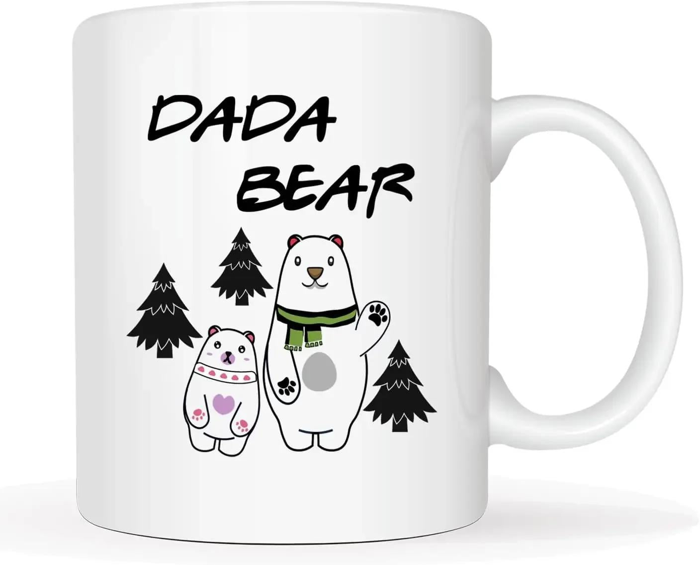 Tailorly White Ceramic 11 oz Mug - Dada Bear Two Cute Polar Bears Standing Among Dark Forest Pine Trees Bear