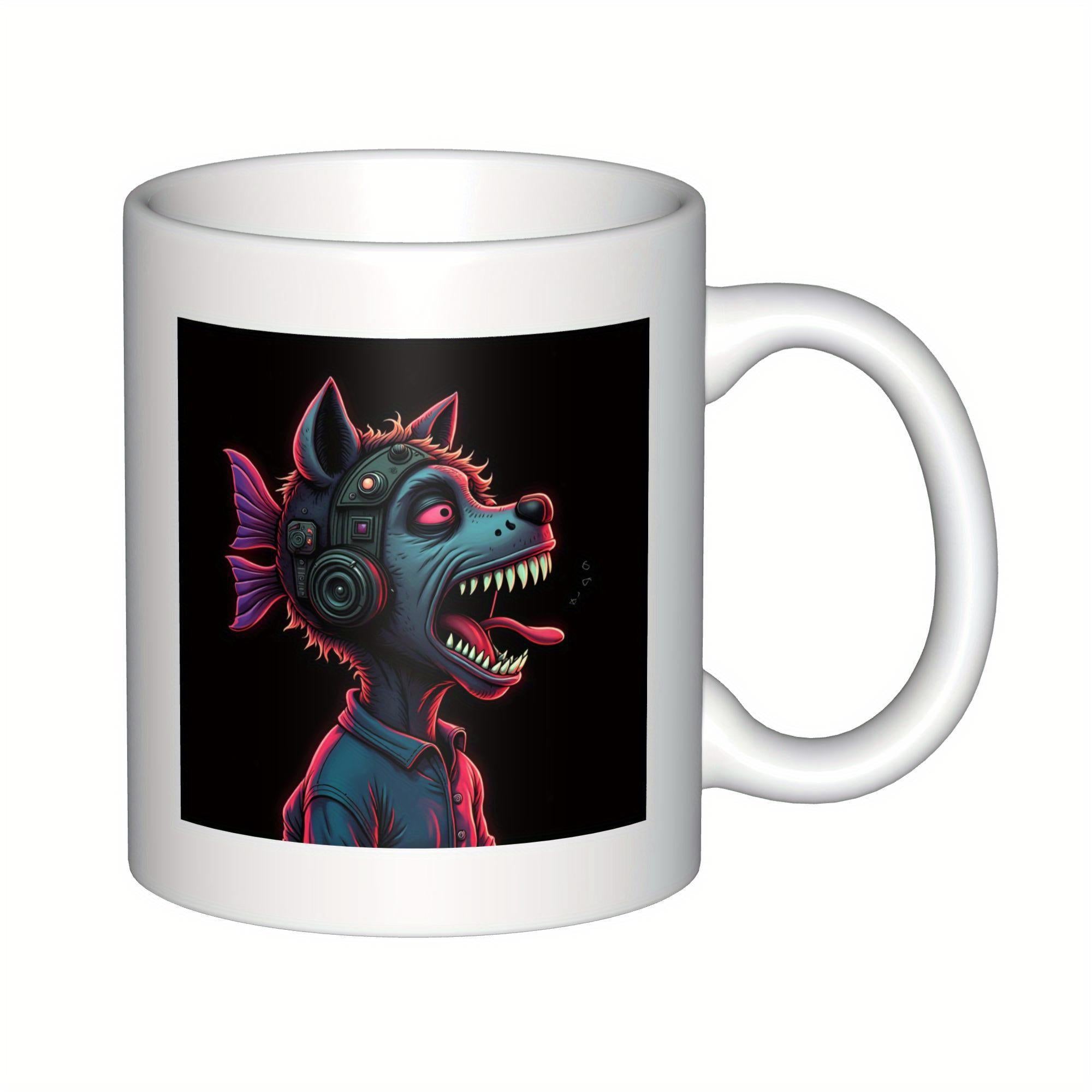 Tailorly White Ceramic 11 oz Mug - Stylized Cyberpunk Dog Wearing Headphones And Spiked Collar With Purple Fin Wolf