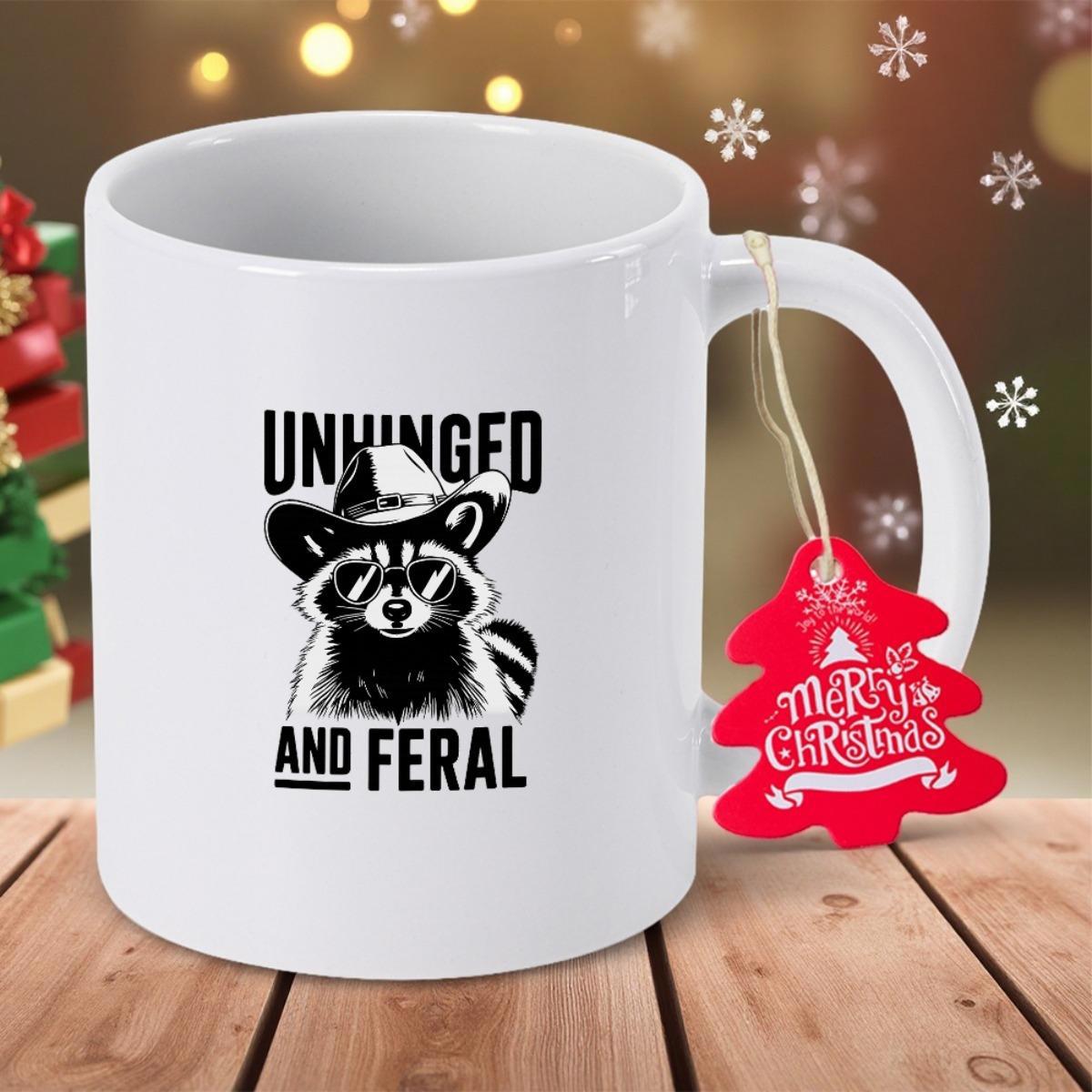 Tailorly White Ceramic 11 oz Mug - Unhinged And Feral Grumpy Little Creature Wearing A Cowboy Hat Set In Minimalist Style Raccoon