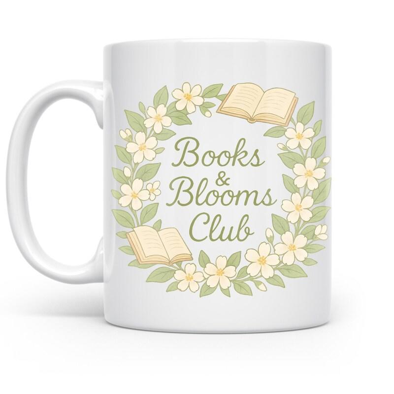 Tailorly White Ceramic 11 oz Mug - Books Blooms Club Circular Floral Wreath Featuring Delicate White Blossoms And Open Books Wreath