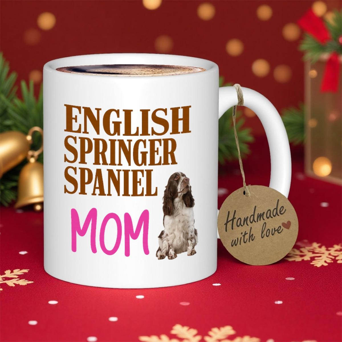 Tailorly White Ceramic 11 oz Mug - English Springer Spaniel Mom Detailed Brown White Spotted Furry Dog Sitting In Natural Soft Lighting Spaniel