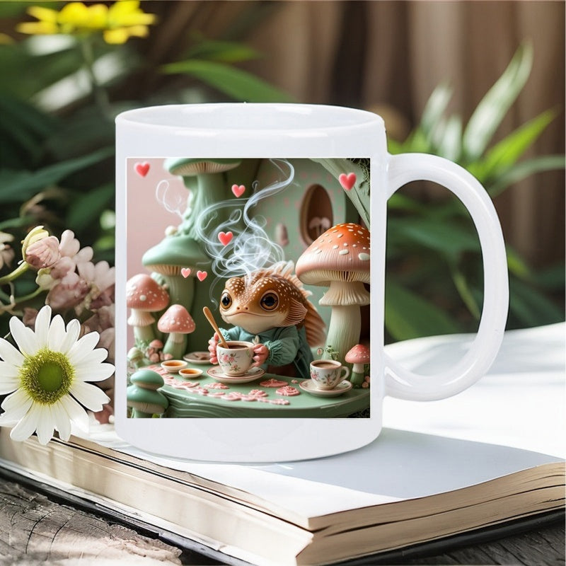 Tailorly White Ceramic 11 oz Mug - Whimsical Forest Creature Sipping Coffee Beside Charming Giant Fairy Tale Mushrooms Creature