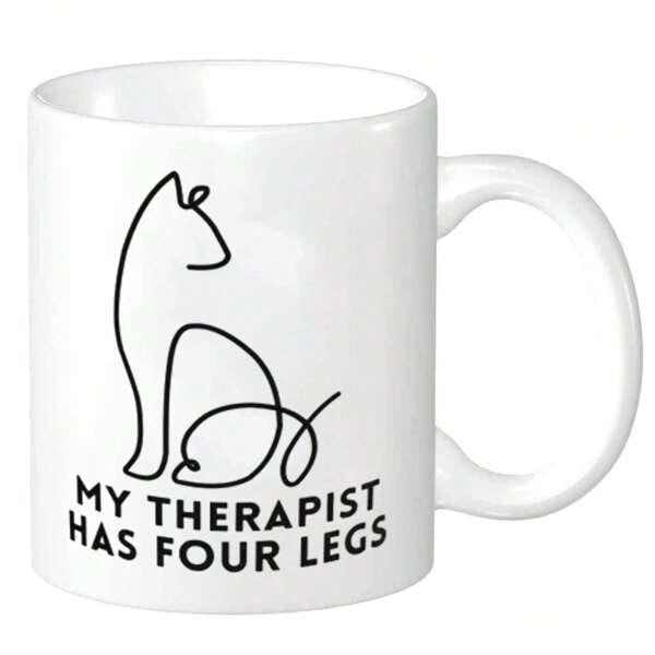 Tailorly White Ceramic 11 oz Mug - My Therapist Has Four Legs Minimalist Line Art Drawing Of A Sitting Pet Cat