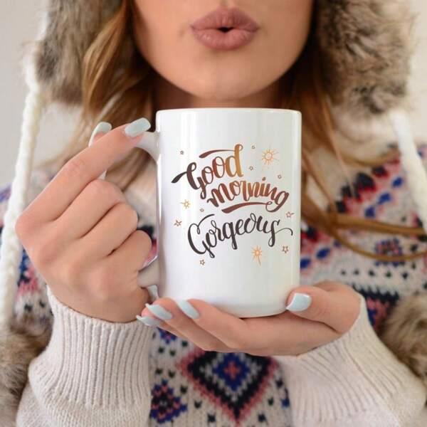 Tailorly White Ceramic 11 oz Mug - Good Morning Gorgeous Elegant Script Typography With Small Golden Decorative Star Accents Mug