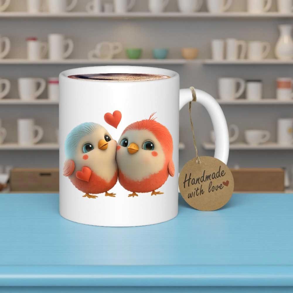 Tailorly White Ceramic 11 oz Mug - Handmade With Love Adorable Round Little Pair Sharing A Small Heart Floating Between Them Bird