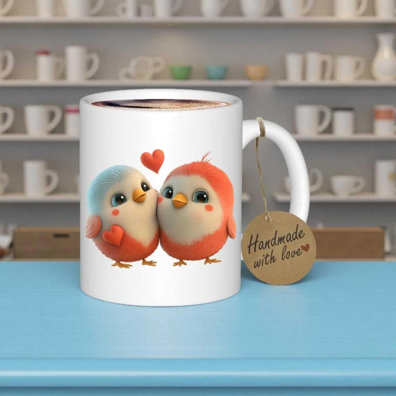 Tailorly White Ceramic 11 oz Mug - Handmade With Love Adorable Round Little Pair Sharing A Small Heart Floating Between Them Bird