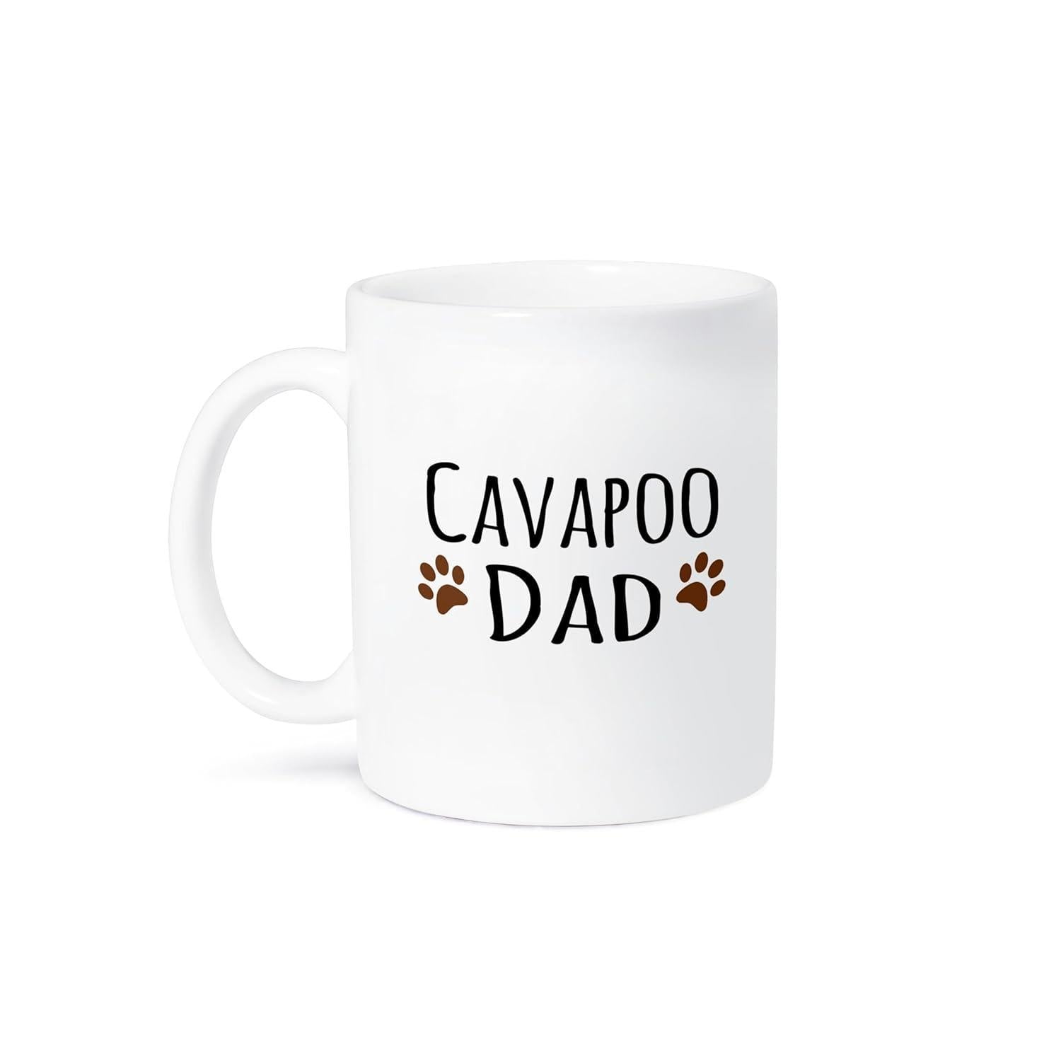Tailorly White Ceramic 11 oz Mug - Cavapoo Dad Small Brown Dog Feet Tracks Arranged Symmetrically Beside Text Paw