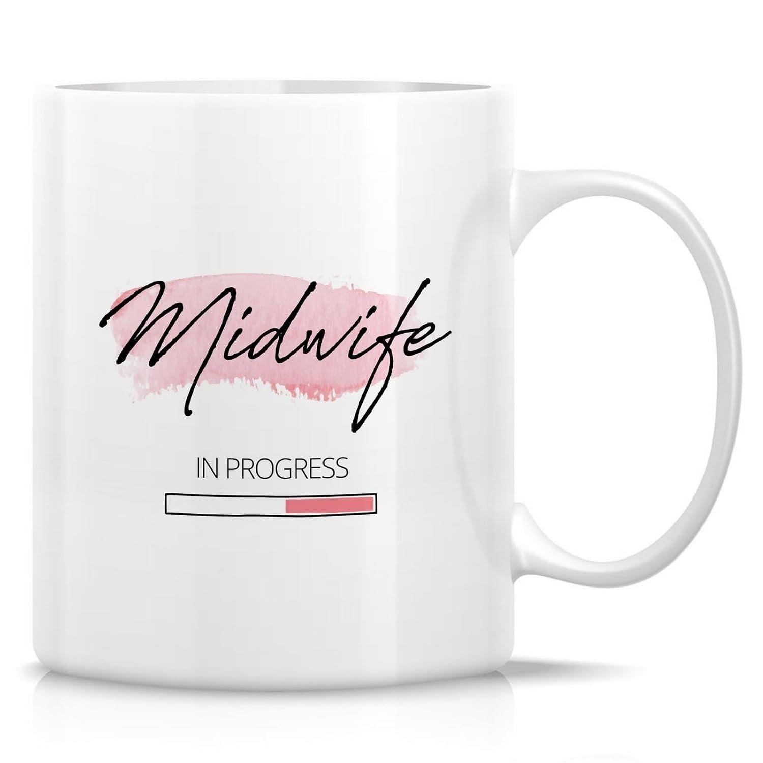 Tailorly White Ceramic 11 oz Mug - Midwife In Progress Pink Textured Brushstroke With Minimalist Loading Bar Showing Education Journey Mug