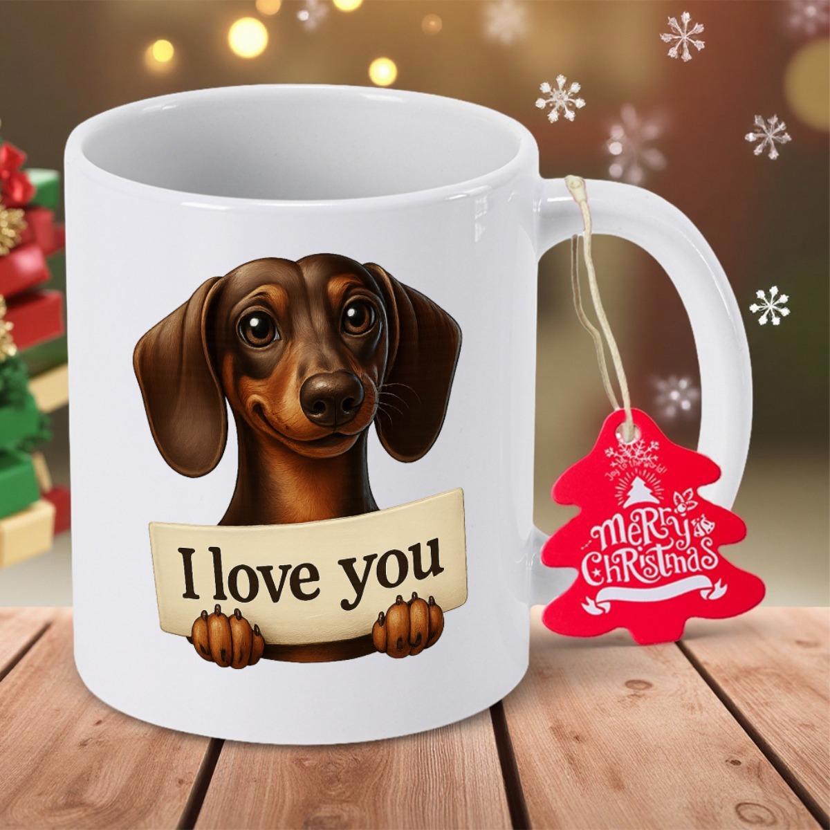 Tailorly White Ceramic 11 oz Mug - I Love You Adorable Brown Sausage Dog Holding A Small Paper Sign Dachshund