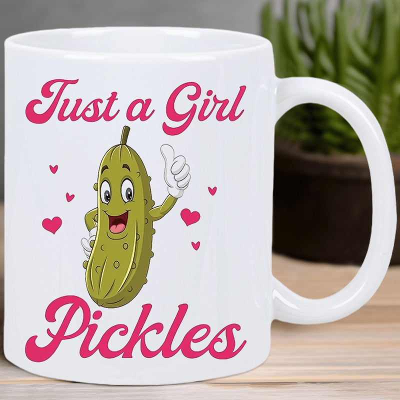 Tailorly White Ceramic 11 oz Mug - Just A Girl Pickles Happy Green Cartoon Character Giving Thumbs Up Surrounded By Hearts Pickle
