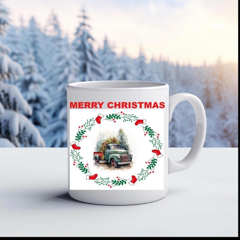 Tailorly White Ceramic 11 oz Mug - Merry Christmas Vintage Vehicle Carrying Evergreen Tree Inside Festive Wreath Truck